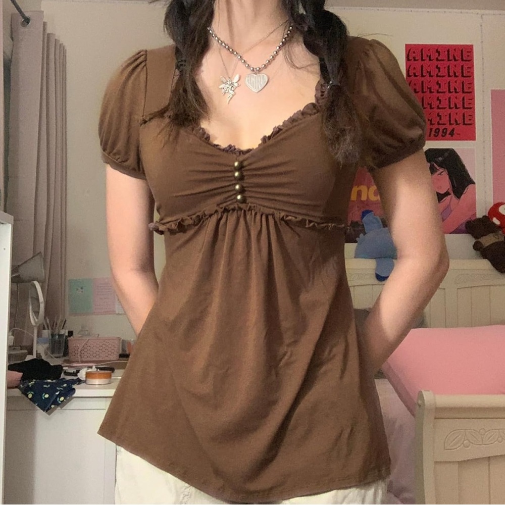Brown Ruched Ruffled Blouse
